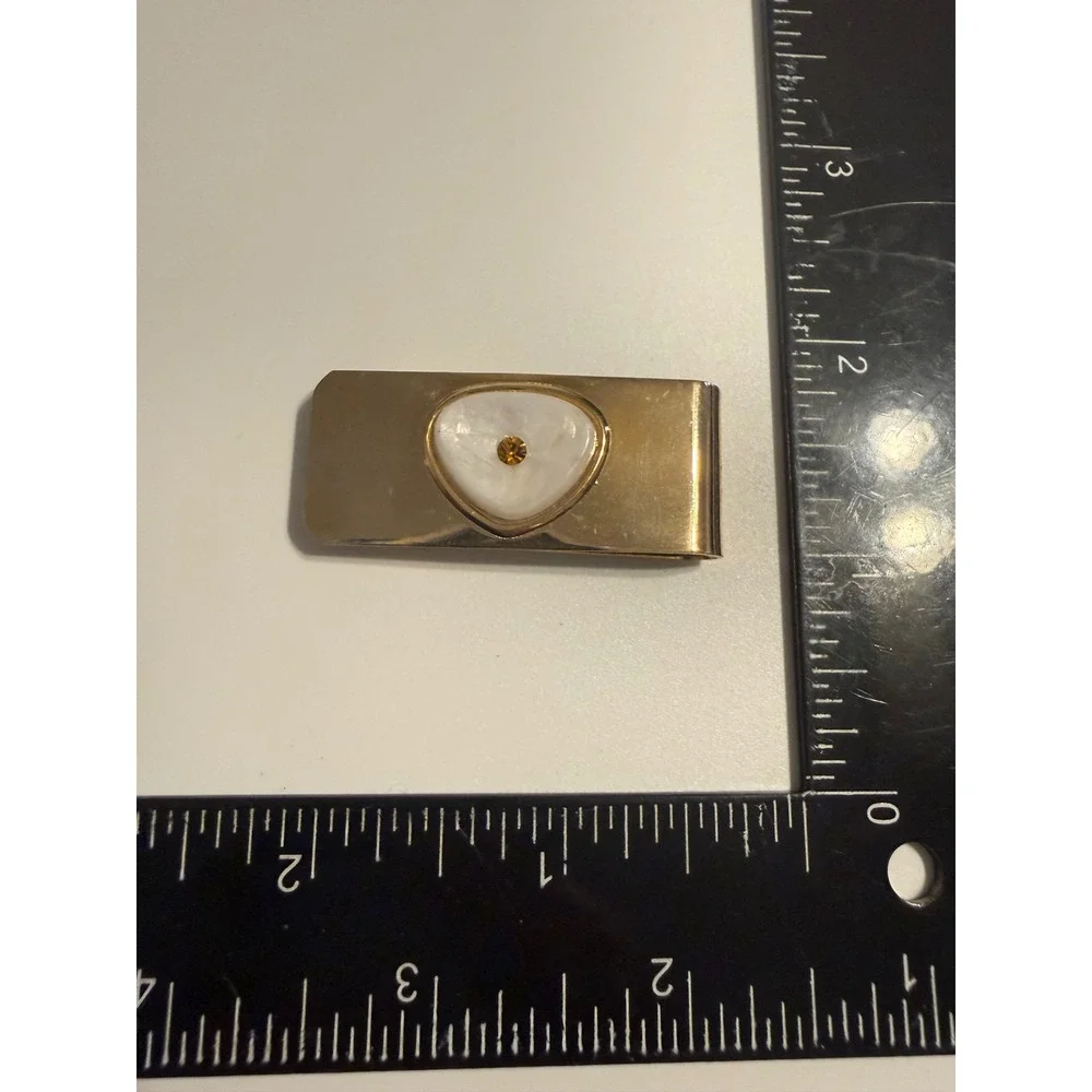 Vintage Gold Tone Money Clip Mother of Pearl Inlay Amber Rhinestone Accessory